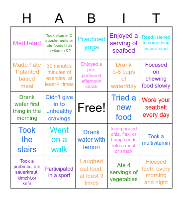 Healthy Habits Bingo Card