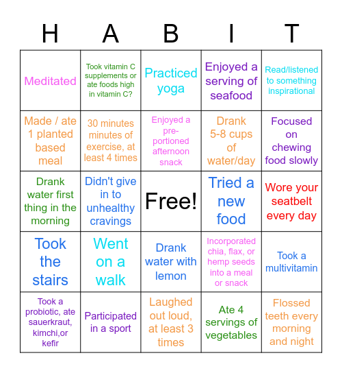 Healthy Habits Bingo Card