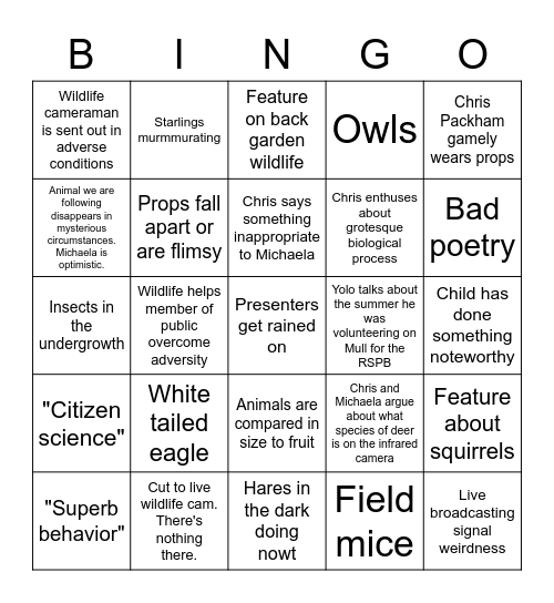 Autumnwatch Bingo Card