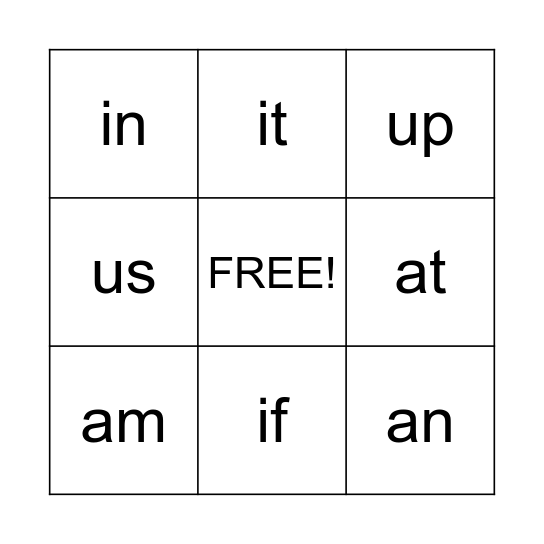 Two letter words Bingo Card