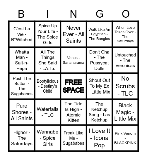 💃 MAD DOG MUSIC BINGO - GIRL BANDS/GROUPS 🎤 Bingo Card