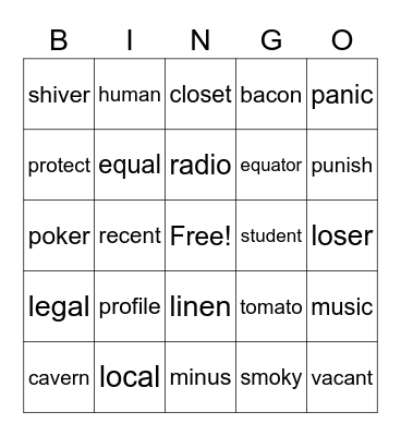 Open Syllables Bingo Card