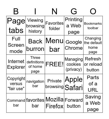 Web 110 Chapter 1  Bingo Card