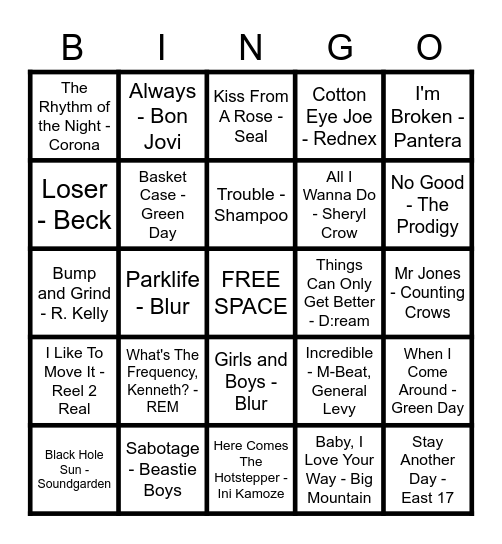 MAD DOG MUSIC BINGO - 1994 Bingo Card