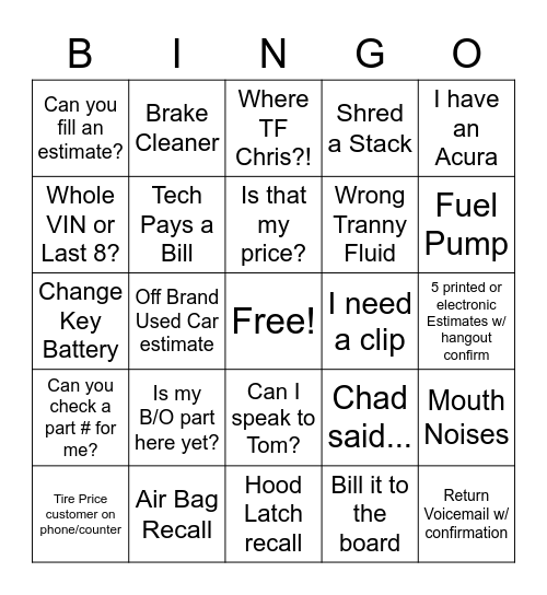 In - Can I speak to Tom? / Out - I just need valve stems Bingo Card