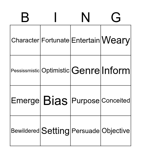 Vocabulary Review for Oct. 30th Bingo Card