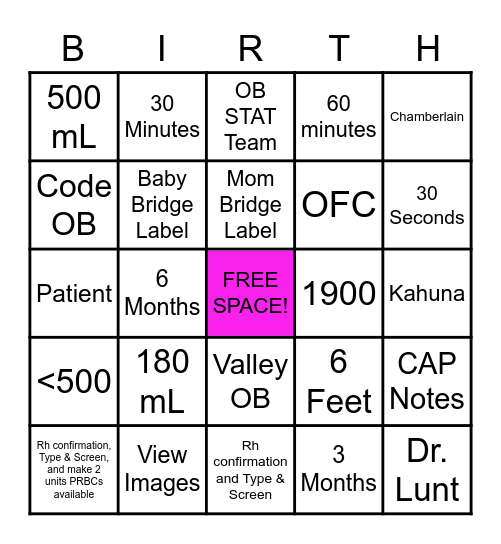 Birth Bingo! Bingo Card