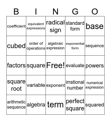 Algebraic Expressions Bingo Card