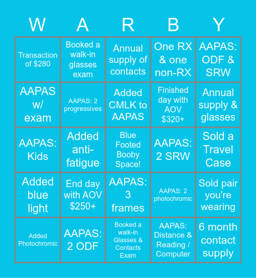 Warby Weekend Bingo Card