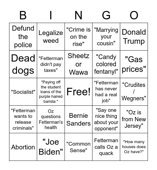 Fetterman Oz Debate Bingo Card