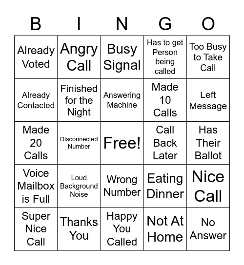 Phone Bank BINGO 2022 Bingo Card