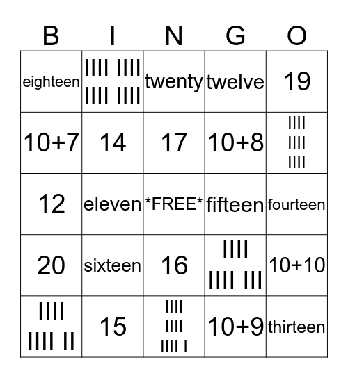Numbers 11-20 Bingo Card