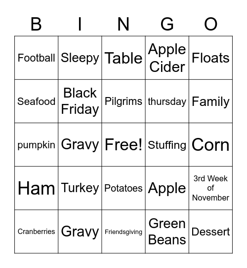 Thanksgiving Trivia Bingo Card