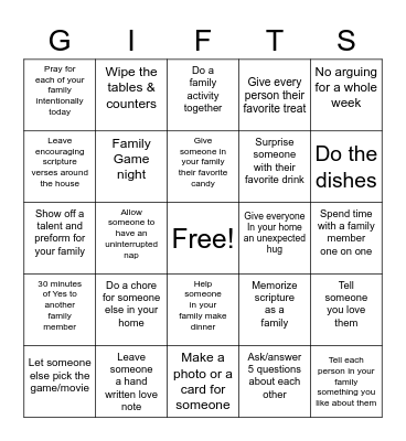 Family Gifting Bingo Card