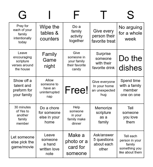 Family Gifting Bingo Card