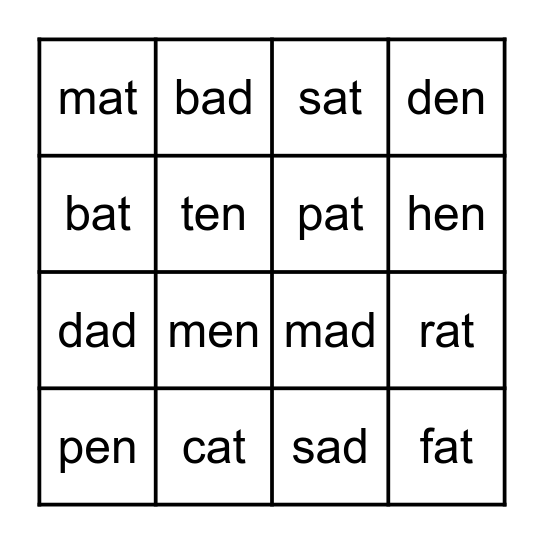 Word Family BINGO Card