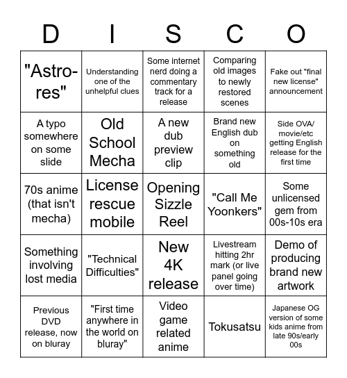 Discotek Media Panel Bingo Card