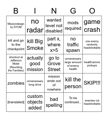 Joshimuz's DYOM run Bingo Card
