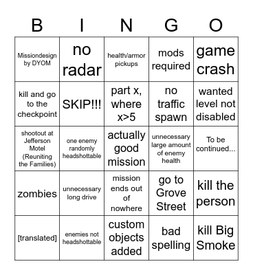 Joshimuz's DYOM run Bingo Card