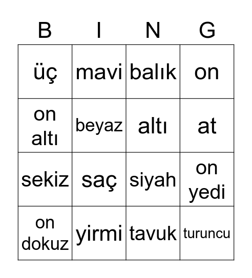 Turkish Bingo Card