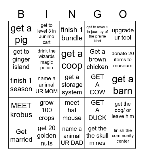 Stardew Valley bingo Card