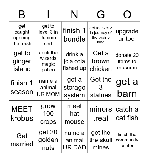 Stardew Valley bingo Card