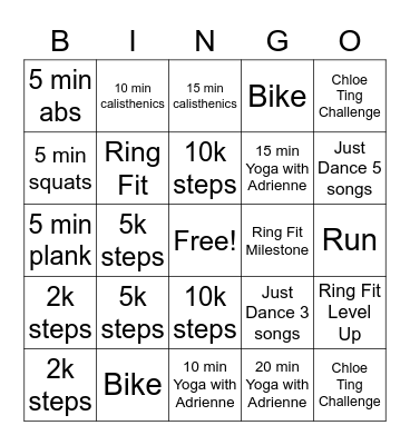 Fitness Bingo Card