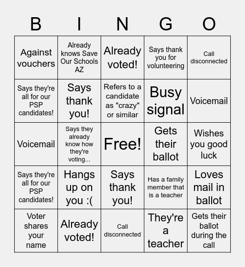 GOTV Phonebank Bingo Card