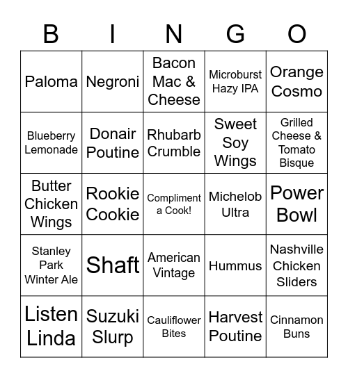 New Menu Items Bingo Card