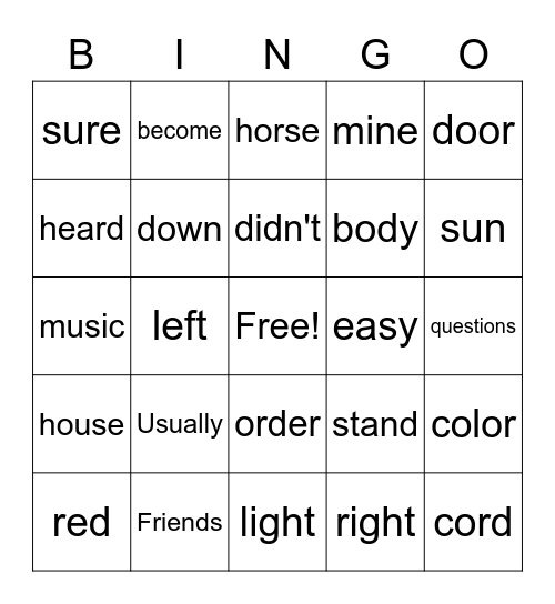 Fry Words 321-330 Bingo Card