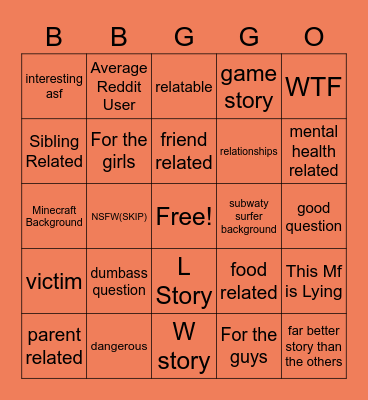 BBG Ask Reddit Bingo Card