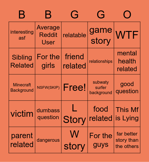 BBG Ask Reddit Bingo Card