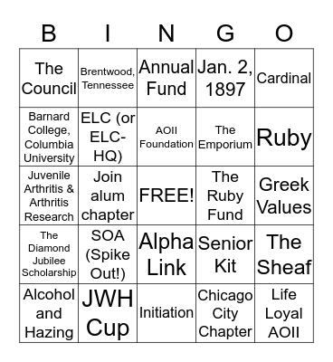 AOII Bingo! Bingo Card