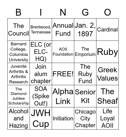 AOII Bingo! Bingo Card