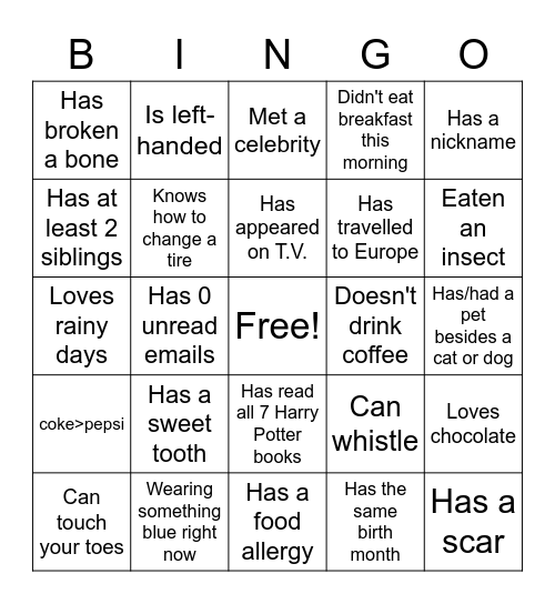 Get to Know Each Other Bingo Card