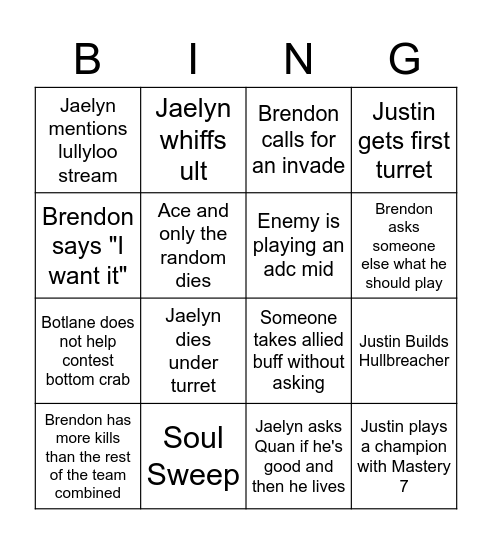 Quan's bingo game Bingo Card