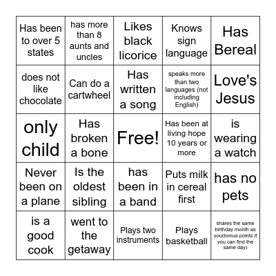 LHF Youth Bingo Card