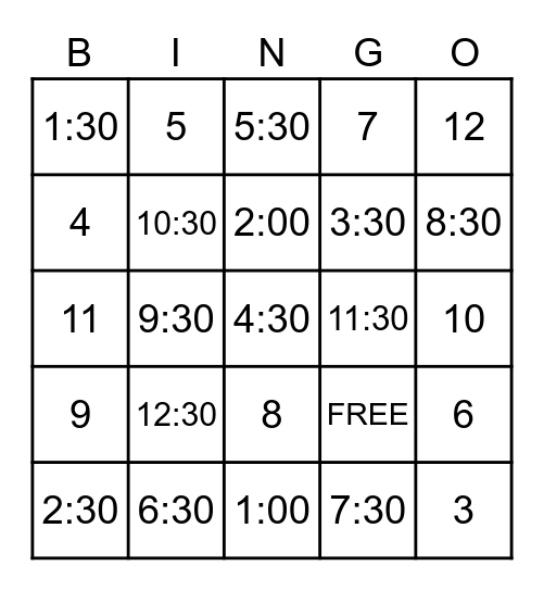 Bingo - O'Clock Bingo Card