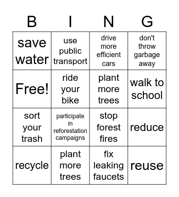 The environment Bingo Card