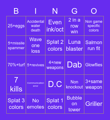 Splatoon 3 bingo Normal Bingo Card