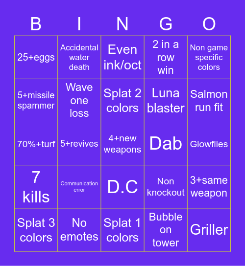 Splatoon 3 bingo Normal Bingo Card