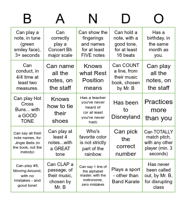 Beginning Band Room Bingo - Find Someone Who... Bingo Card