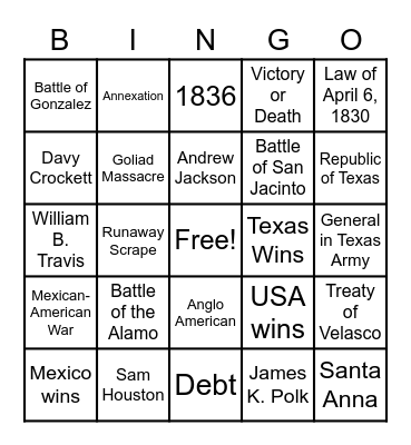 Texas Independence - ALL Bingo Card