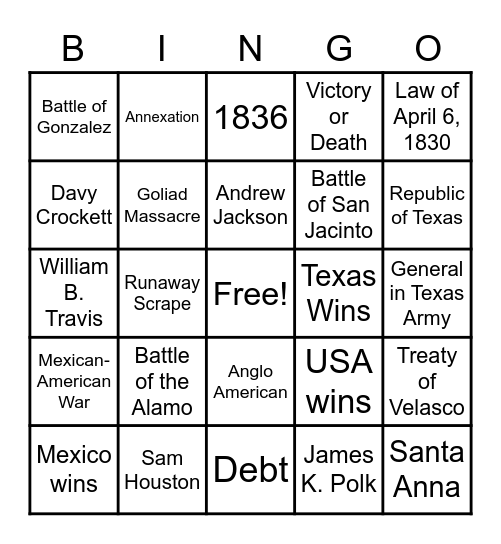 Texas Independence - ALL Bingo Card