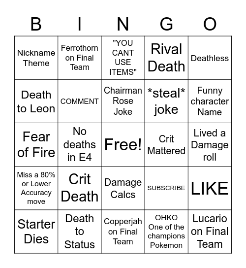 Untitled bingo card