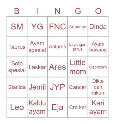 Nayaka Bingo Card