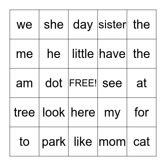 Sight Word Bingo Card