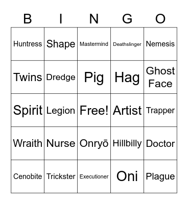 Dead by Daylight killer bingo Card