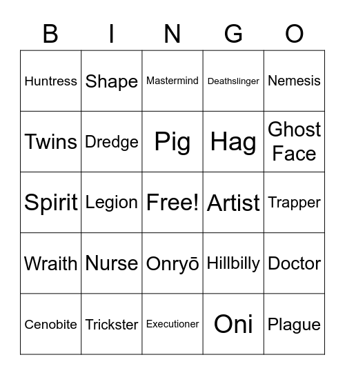 Dead by Daylight killer bingo Card