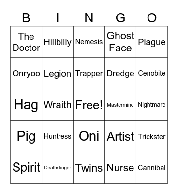 Dead by Daylight Killer Bingo Card
